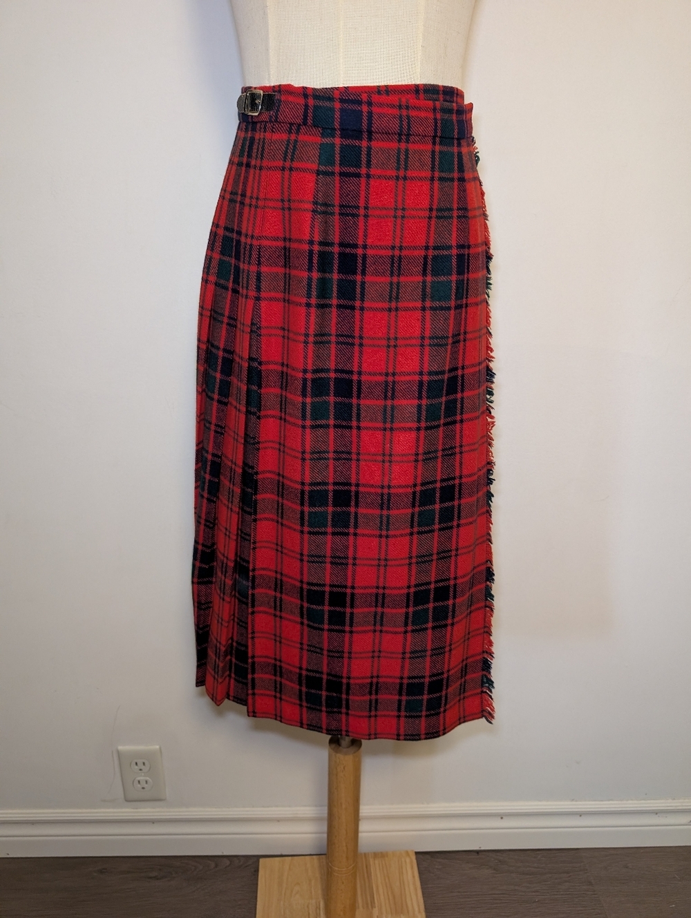 Vintage Wool Red Plaid Midi Wrap Kilt Skirt